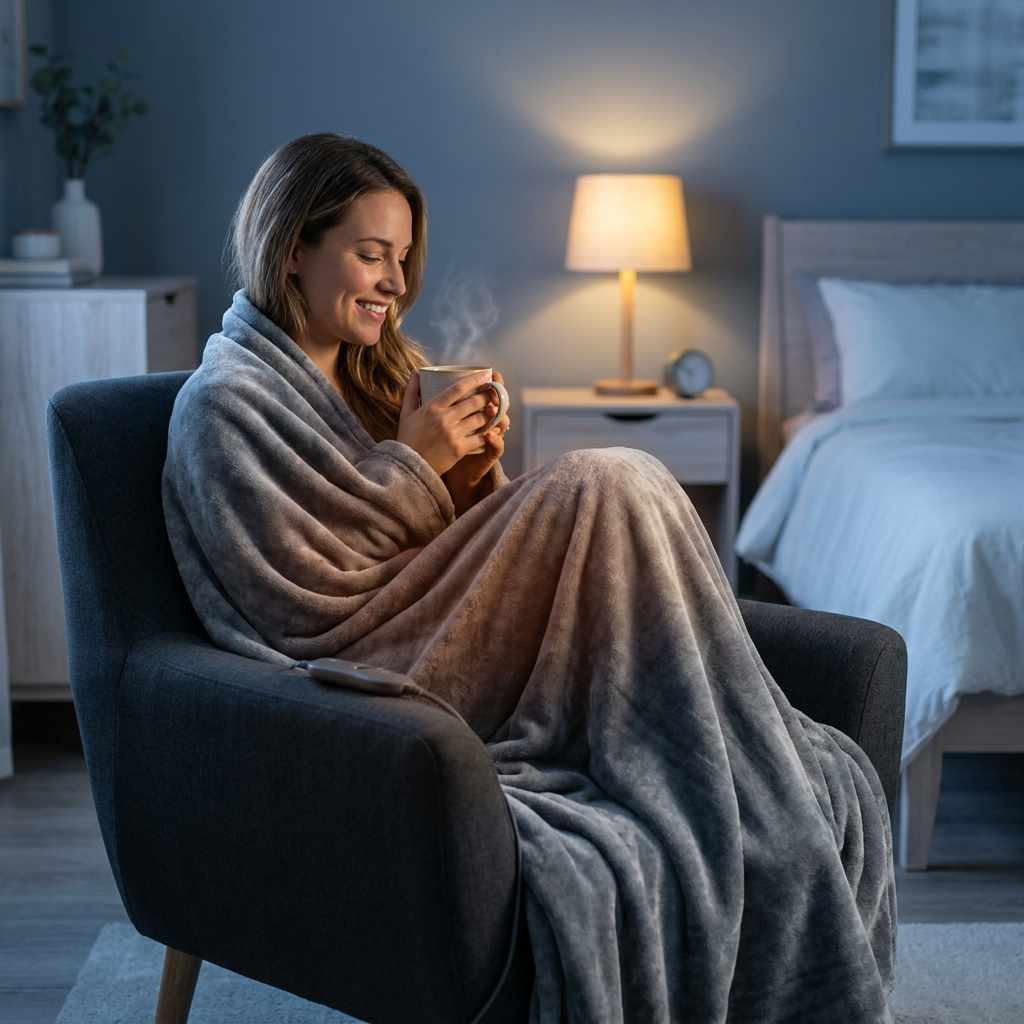 Woman wrapped in a gray Nocturne electric heated blanket holding a warm mug in a cozy armchair