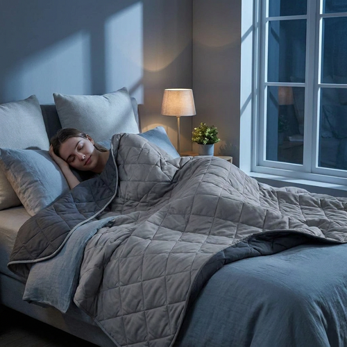 Woman relaxing under a gray diamond-quilted Nocturne weighted blanket in a calm cool-toned nighttime bedroom